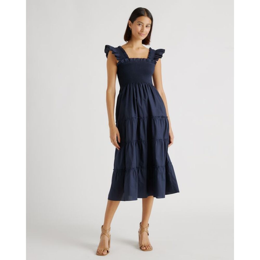 Quince Womens 100% Organic Cotton Poplin Smocked Midi Dress Navy Basic Sleeved M